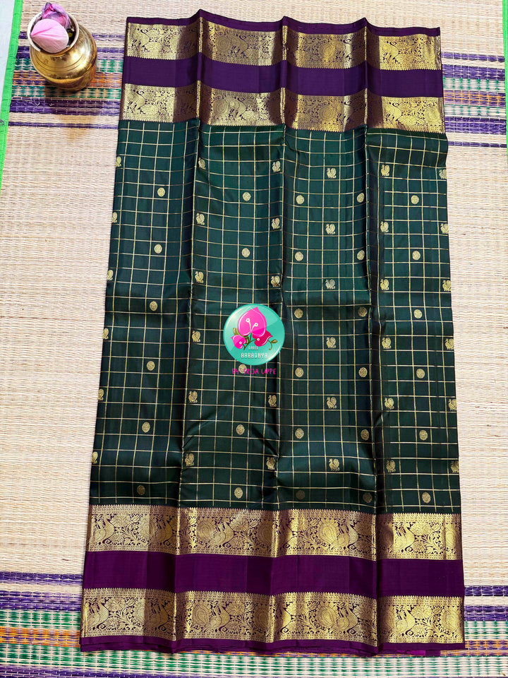 Emerald Geometry: Dark Bottle Green 3G Kanchipattu saree with Royal Purple Majesty
