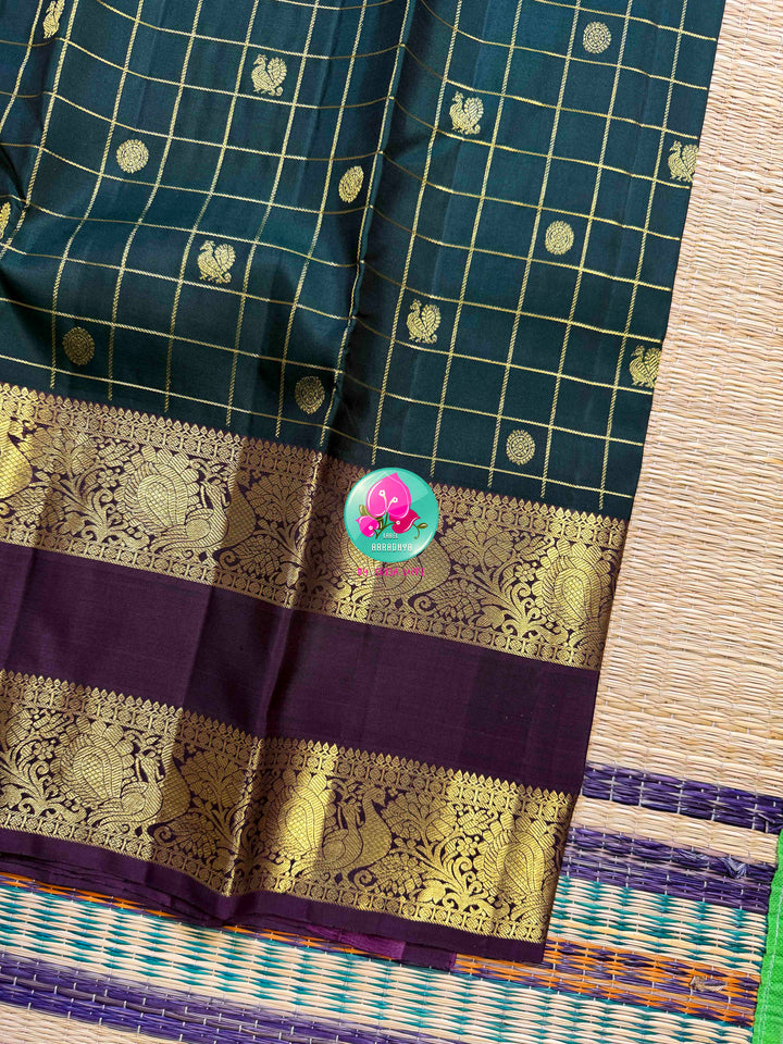 Emerald Geometry: Dark Bottle Green 3G Kanchipattu saree with Royal Purple Majesty