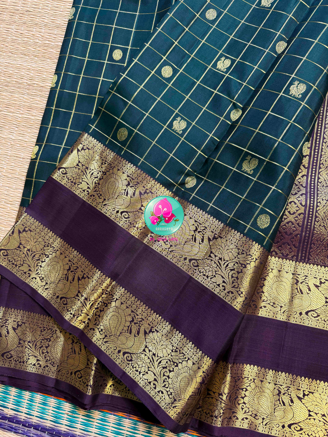 Emerald Geometry: Dark Bottle Green 3G Kanchipattu saree with Royal Purple Majesty