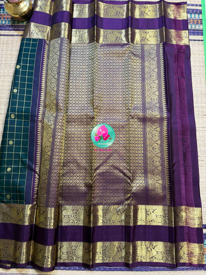Emerald Geometry: Dark Bottle Green 3G Kanchipattu saree with Royal Purple Majesty