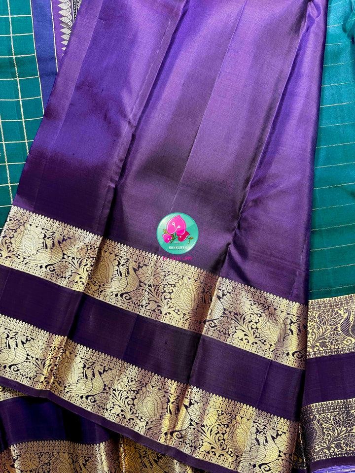 Emerald Geometry: Dark Bottle Green 3G Kanchipattu saree with Royal Purple Majesty