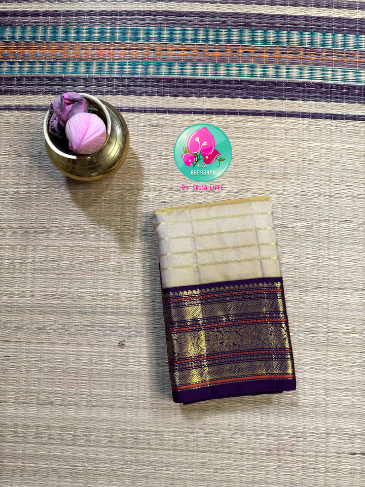 Moonlit Gold: Pure 3G Kanchipattu Saree with Vaira Oosi & Beldari Vines
