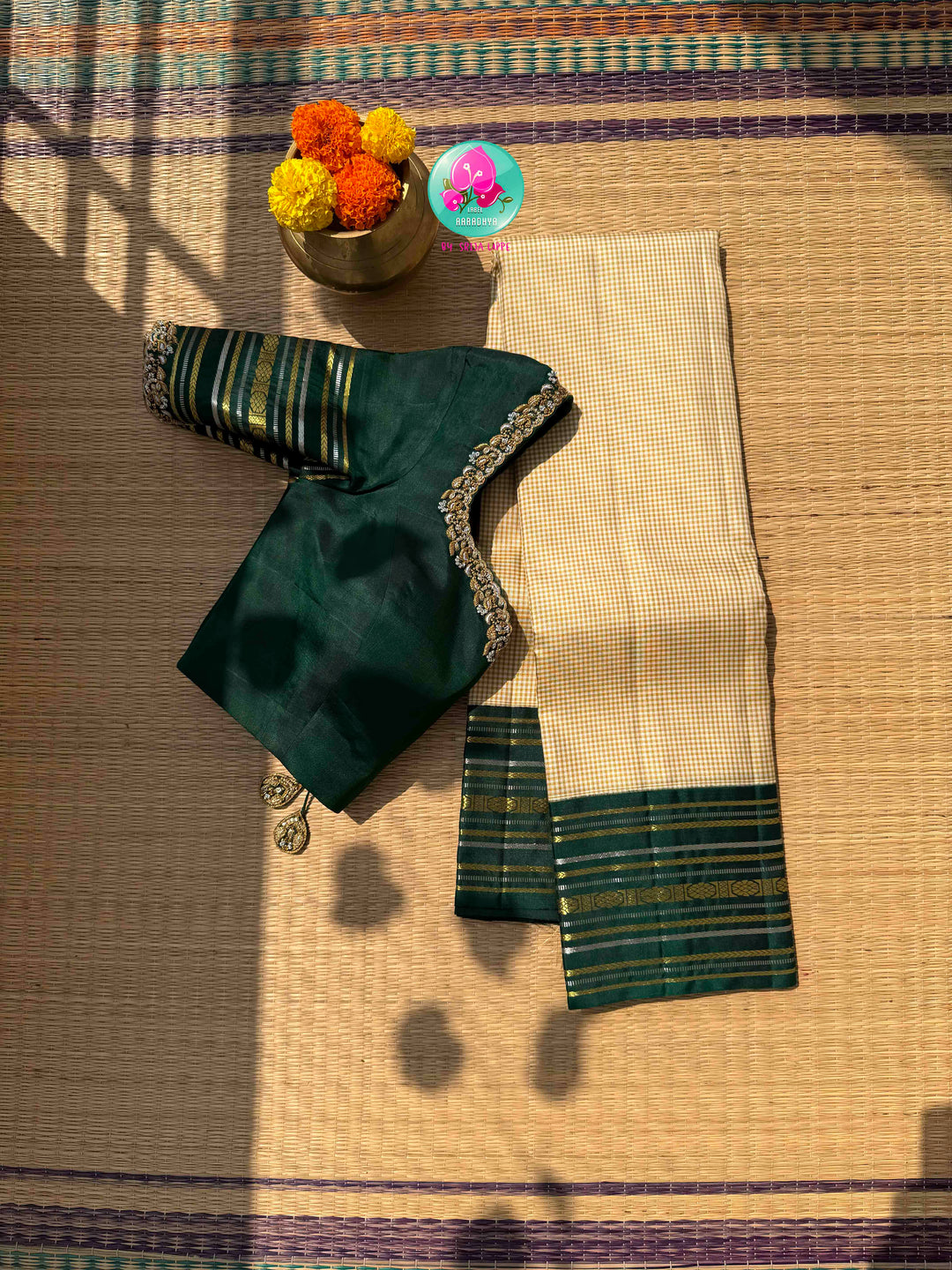 Dual-Metallic Heritage Splendor: Classy Beige Madras Checkered Saree with Bottle Green Border & Hand-Embroidered Maggam Blouse