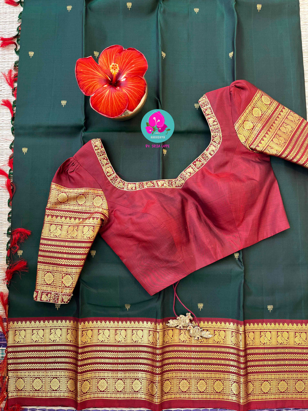 Forest Depth & Fiery Bloom: Bottle Green Kanjivaram with Traditional Red Contrast