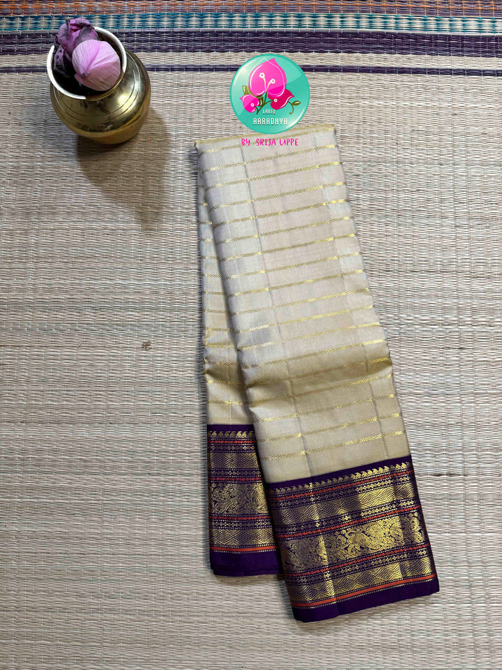 Moonlit Gold: Pure 3G Kanchipattu Saree with Vaira Oosi & Beldari Vines