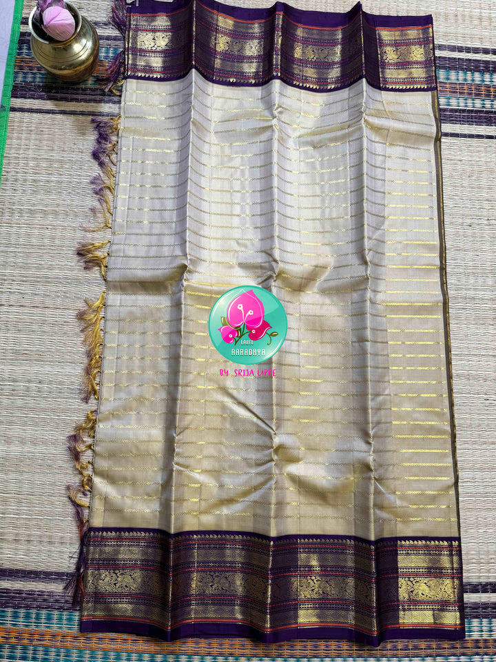 Moonlit Gold: Pure 3G Kanchipattu Saree with Vaira Oosi & Beldari Vines