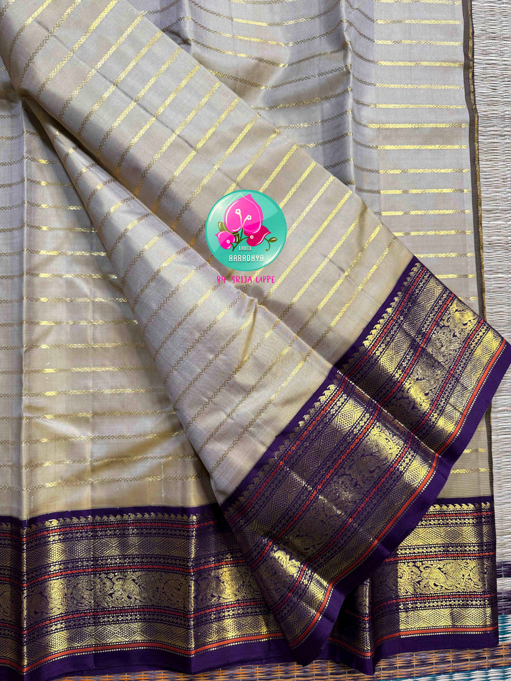 Moonlit Gold: Pure 3G Kanchipattu Saree with Vaira Oosi & Beldari Vines