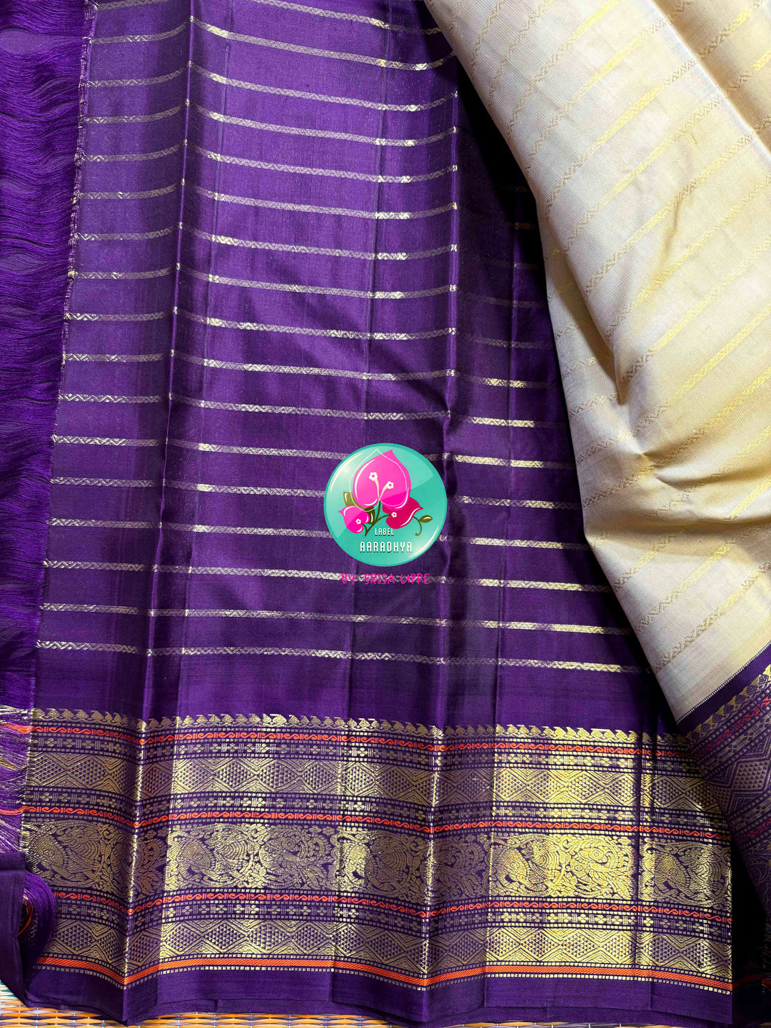 Moonlit Gold: Pure 3G Kanchipattu Saree with Vaira Oosi & Beldari Vines