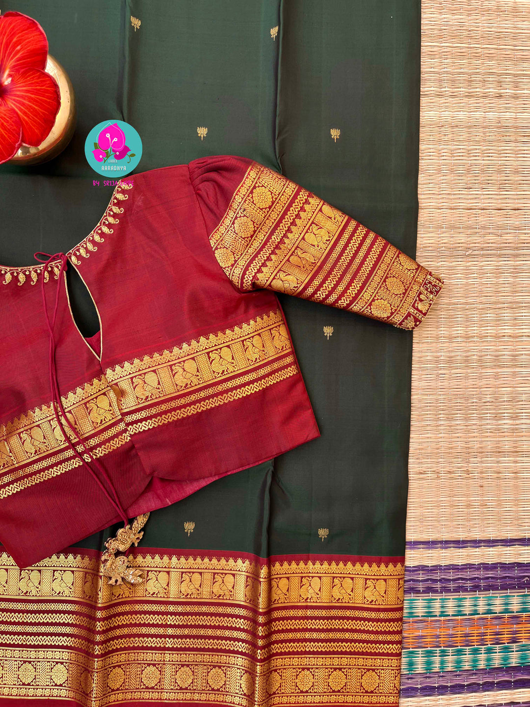 Forest Depth & Fiery Bloom: Bottle Green Kanjivaram with Traditional Red Contrast