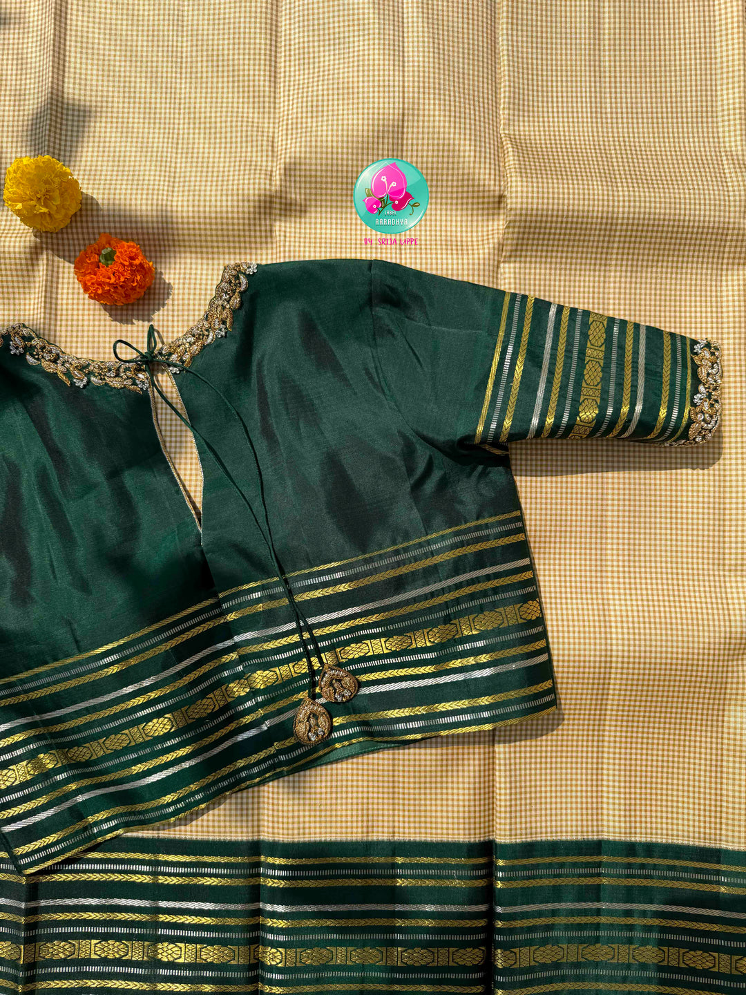 Dual-Metallic Heritage Splendor: Classy Beige Madras Checkered Saree with Bottle Green Border & Hand-Embroidered Maggam Blouse