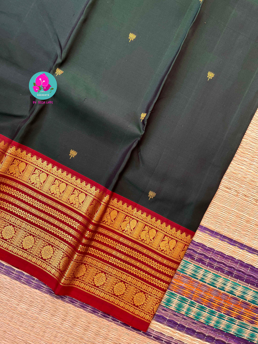 Forest Depth & Fiery Bloom: Bottle Green Kanjivaram with Traditional Red Contrast