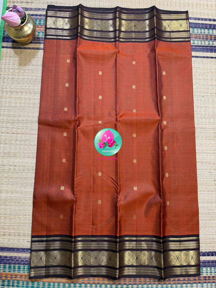 Autumn’s Anthem: Rust Orange Kanchipattu saree with the Majestic Elephant Border