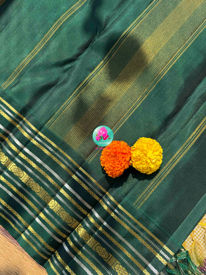 Dual-Metallic Heritage Splendor: Classy Beige Madras Checkered Saree with Bottle Green Border & Hand-Embroidered Maggam Blouse