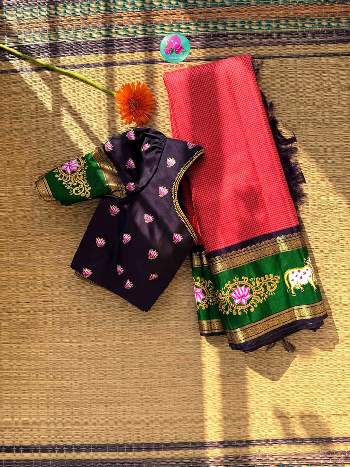 Sacred Pichwai Artistry & Sunset Radiance: Reddish-Orange Mini Checks Pure Kanjeevaram Saree with Hand-Painted Plum Blouse