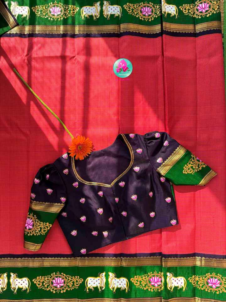 Sacred Pichwai Artistry & Sunset Radiance: Reddish-Orange Mini Checks Pure Kanjeevaram Saree with Hand-Painted Plum Blouse