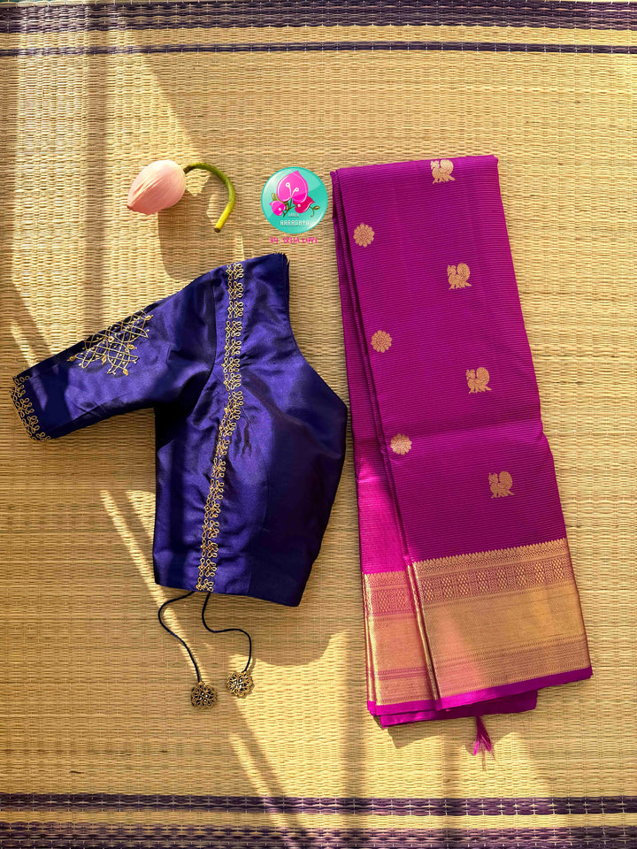 Magenta Radiance: 1g Zari Vaira Oosi Kanchipattu with Rangoli Artistry