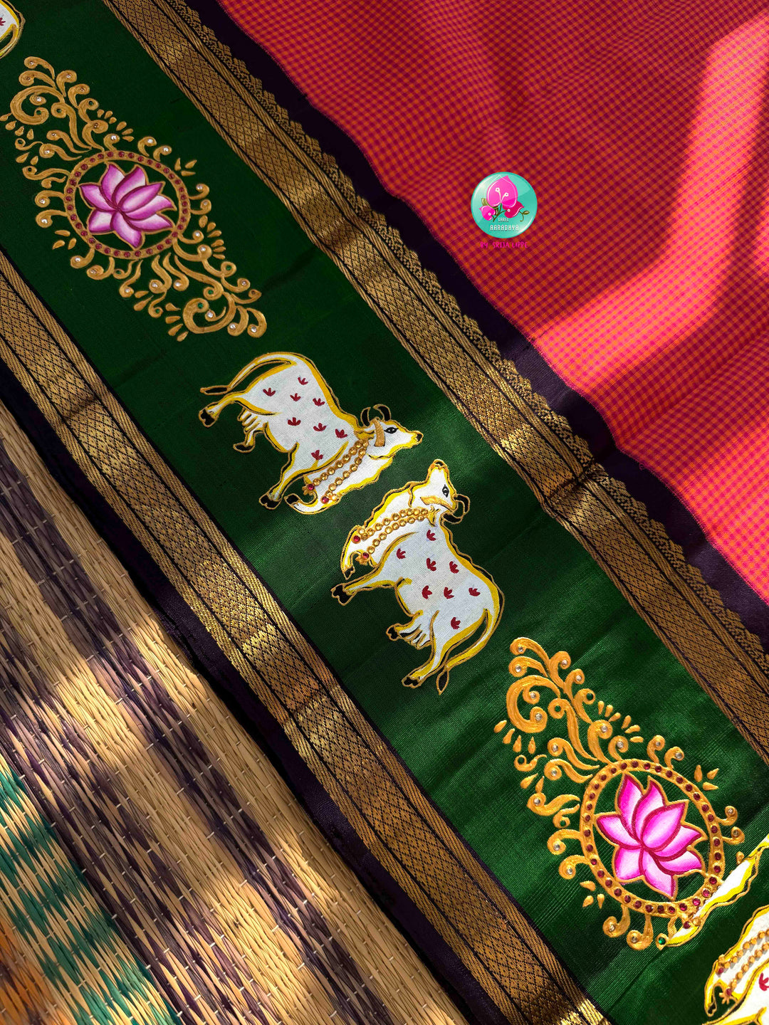 Sacred Pichwai Artistry & Sunset Radiance: Reddish-Orange Mini Checks Pure Kanjeevaram Saree with Hand-Painted Plum Blouse
