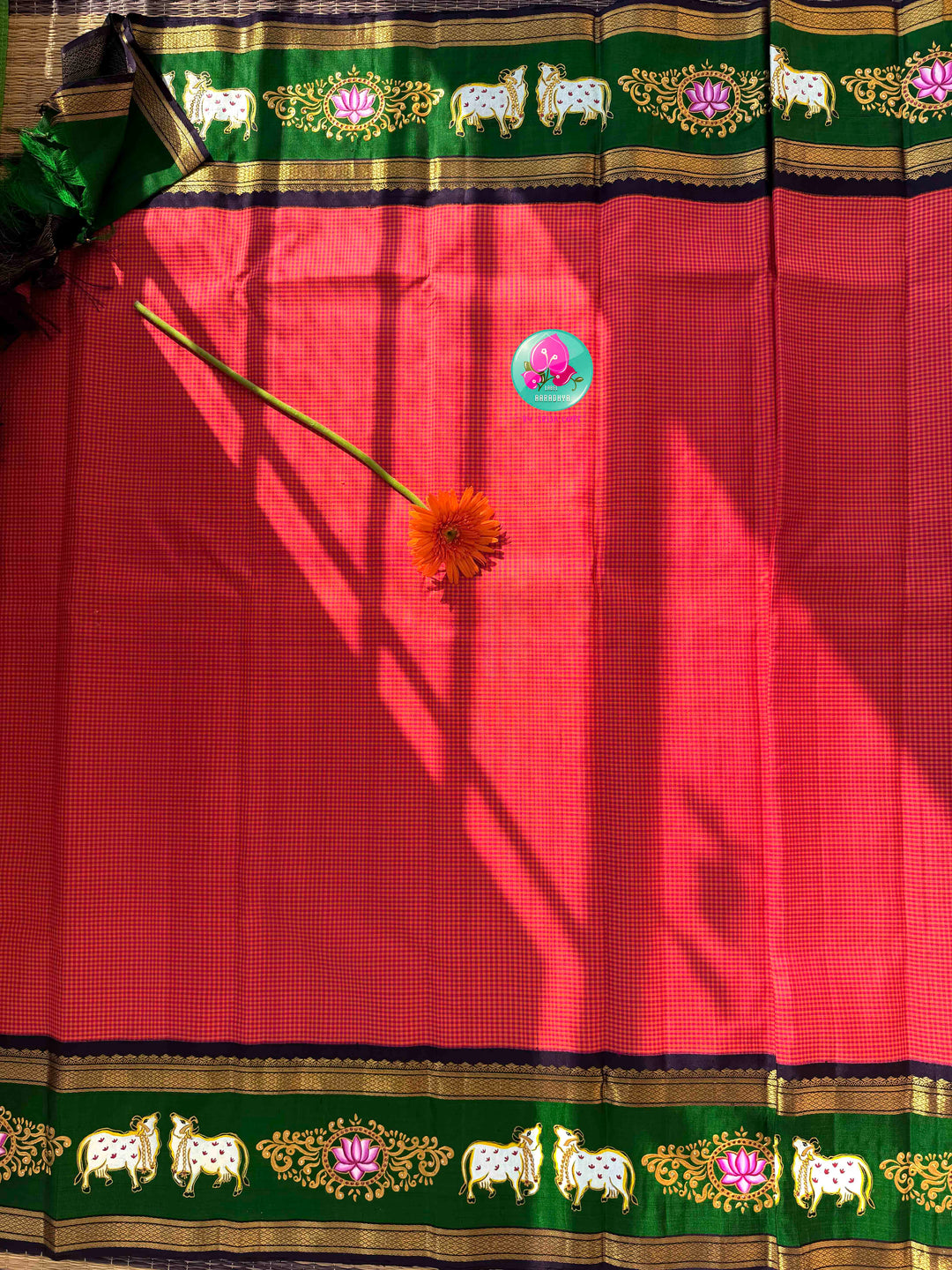 Sacred Pichwai Artistry & Sunset Radiance: Reddish-Orange Mini Checks Pure Kanjeevaram Saree with Hand-Painted Plum Blouse