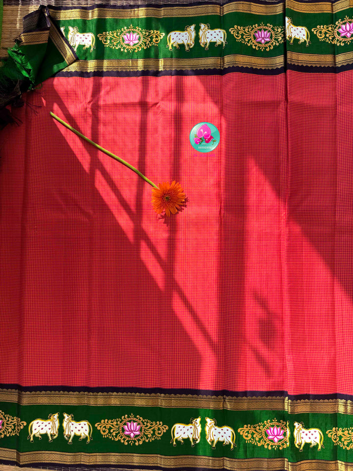 Sacred Pichwai Artistry & Sunset Radiance: Reddish-Orange Mini Checks Pure Kanjeevaram Saree with Hand-Painted Plum Blouse