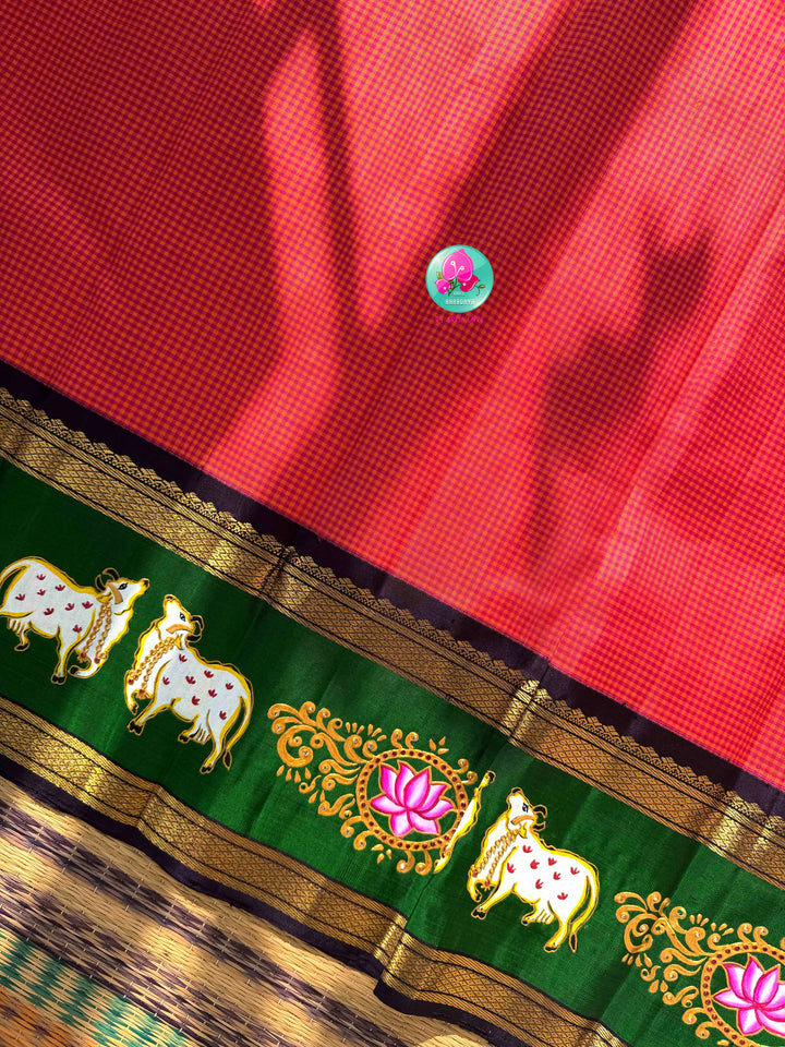 Sacred Pichwai Artistry & Sunset Radiance: Reddish-Orange Mini Checks Pure Kanjeevaram Saree with Hand-Painted Plum Blouse