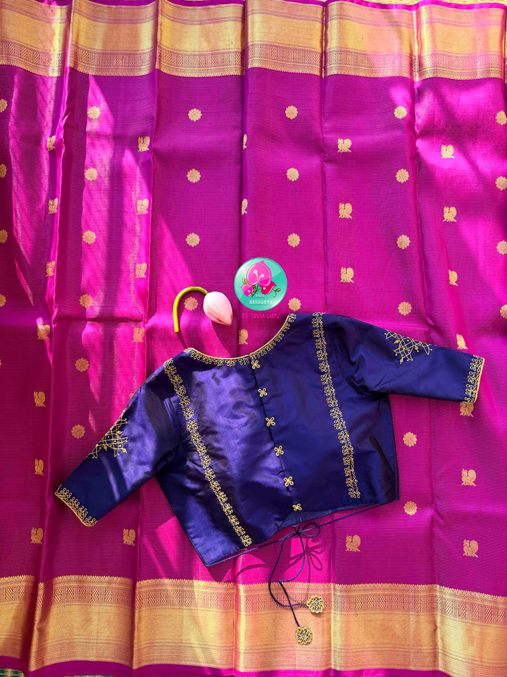 Magenta Radiance: 1g Zari Vaira Oosi Kanchipattu with Rangoli Artistry