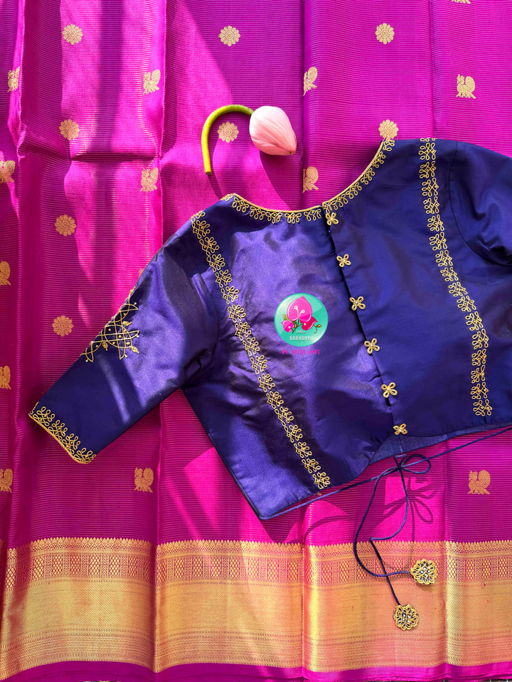 Magenta Radiance: 1g Zari Vaira Oosi Kanchipattu with Rangoli Artistry