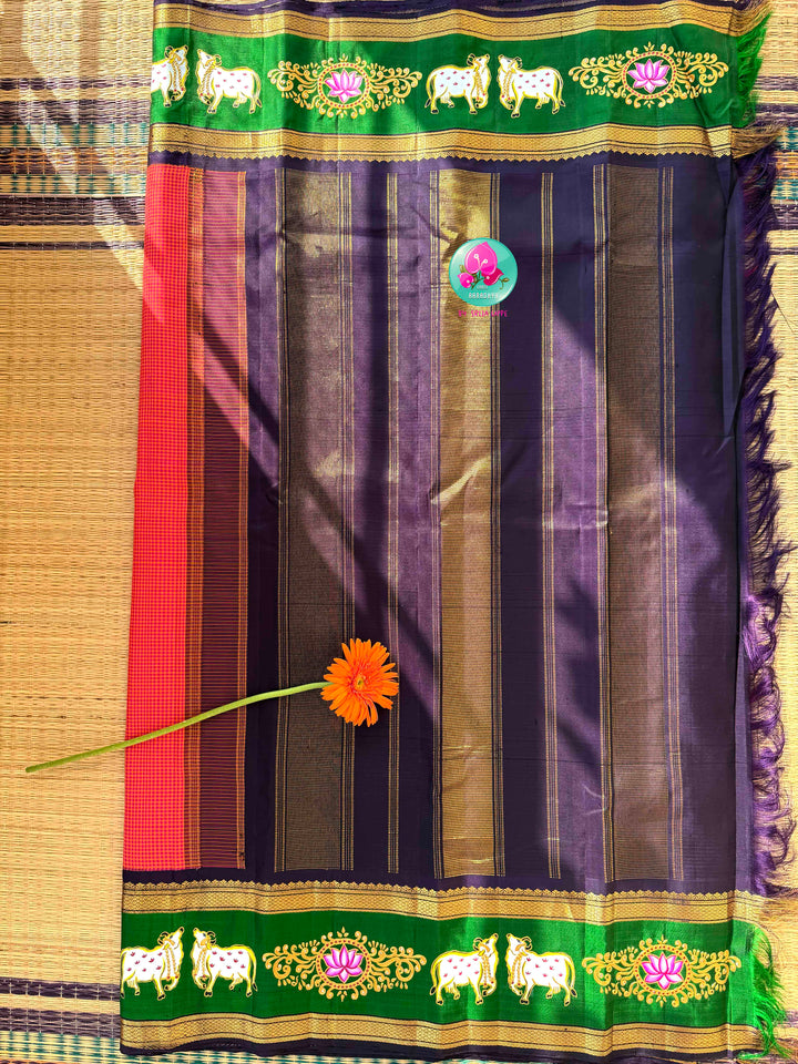 Sacred Pichwai Artistry & Sunset Radiance: Reddish-Orange Mini Checks Pure Kanjeevaram Saree with Hand-Painted Plum Blouse
