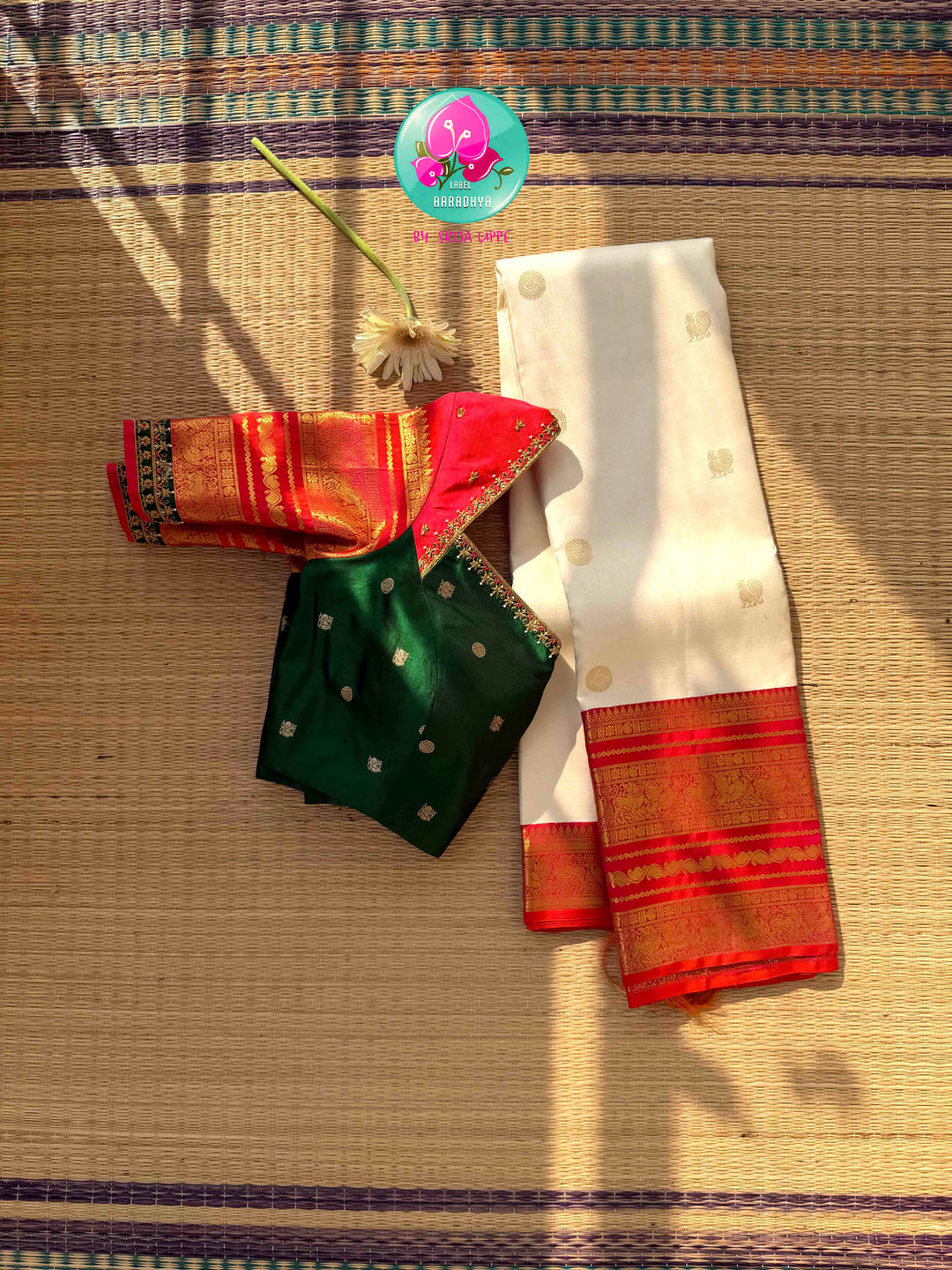 Divine Temple Grandeur: Pure Off-White & Crimson Red Kanjeevaram Silk Saree with Hand-Embroidered Emerald Fusion Blouse