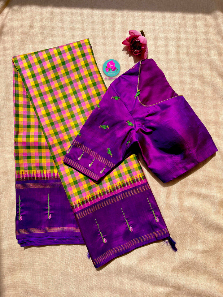 Vintage Checkered Kanchipattu Saree with Paithani Maggam & Hand-Embroidered Bird Blouse