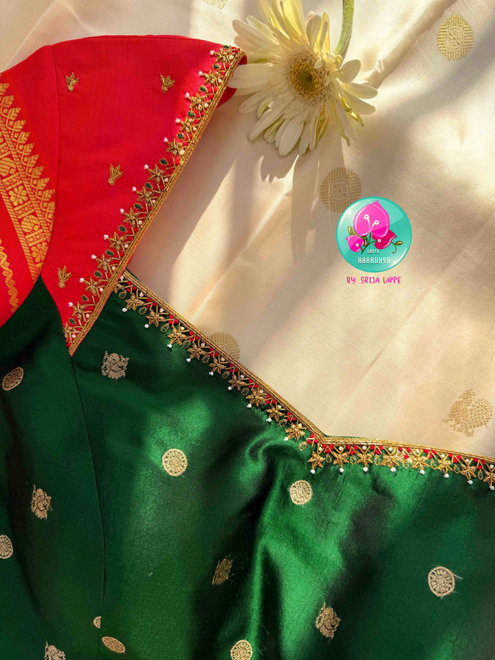 Divine Temple Grandeur: Pure Off-White & Crimson Red Kanjeevaram Silk Saree with Hand-Embroidered Emerald Fusion Blouse
