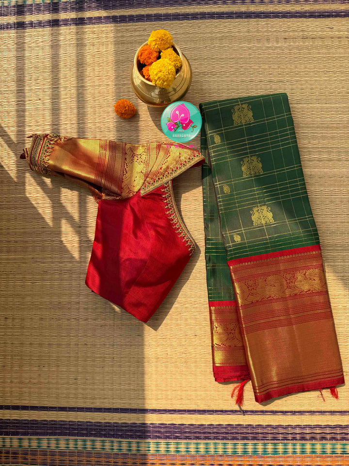 The Sovereign Lion: Emerald Kanchipattu saree with Imperial 2G Zari & Crimson Silk