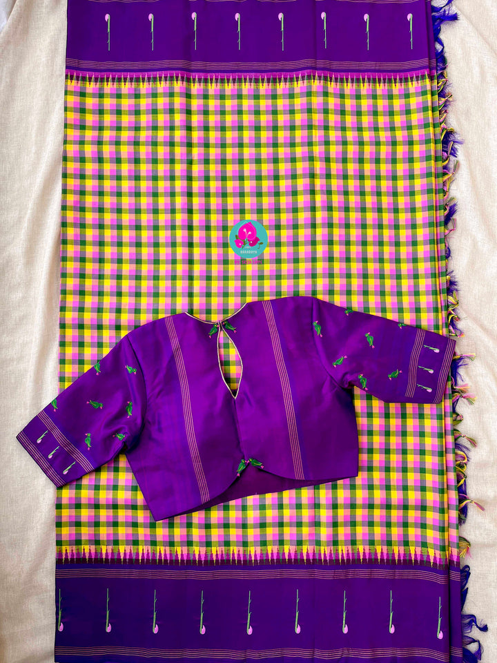 Vintage Checkered Kanchipattu Saree with Paithani Maggam & Hand-Embroidered Bird Blouse