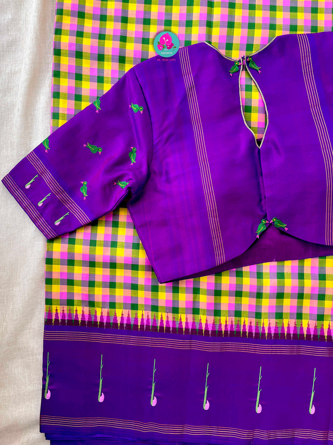 Vintage Checkered Kanchipattu Saree with Paithani Maggam & Hand-Embroidered Bird Blouse