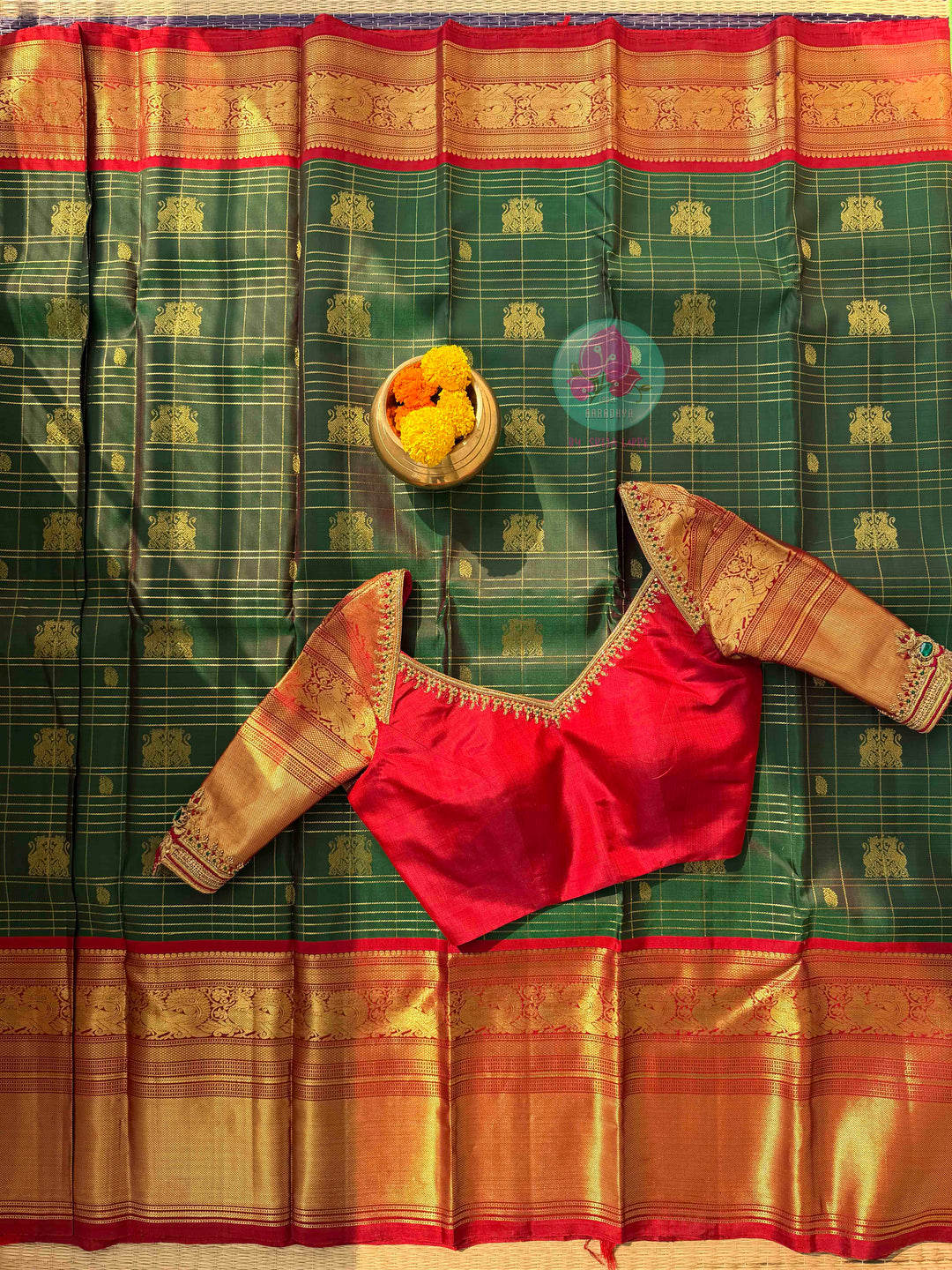 The Sovereign Lion: Emerald Kanchipattu saree with Imperial 2G Zari & Crimson Silk