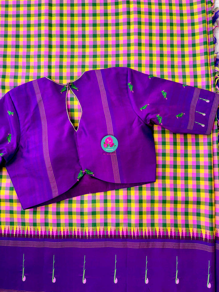 Vintage Checkered Kanchipattu Saree with Paithani Maggam & Hand-Embroidered Bird Blouse