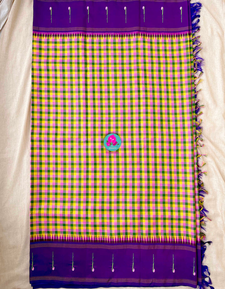Vintage Checkered Kanchipattu Saree with Paithani Maggam & Hand-Embroidered Bird Blouse