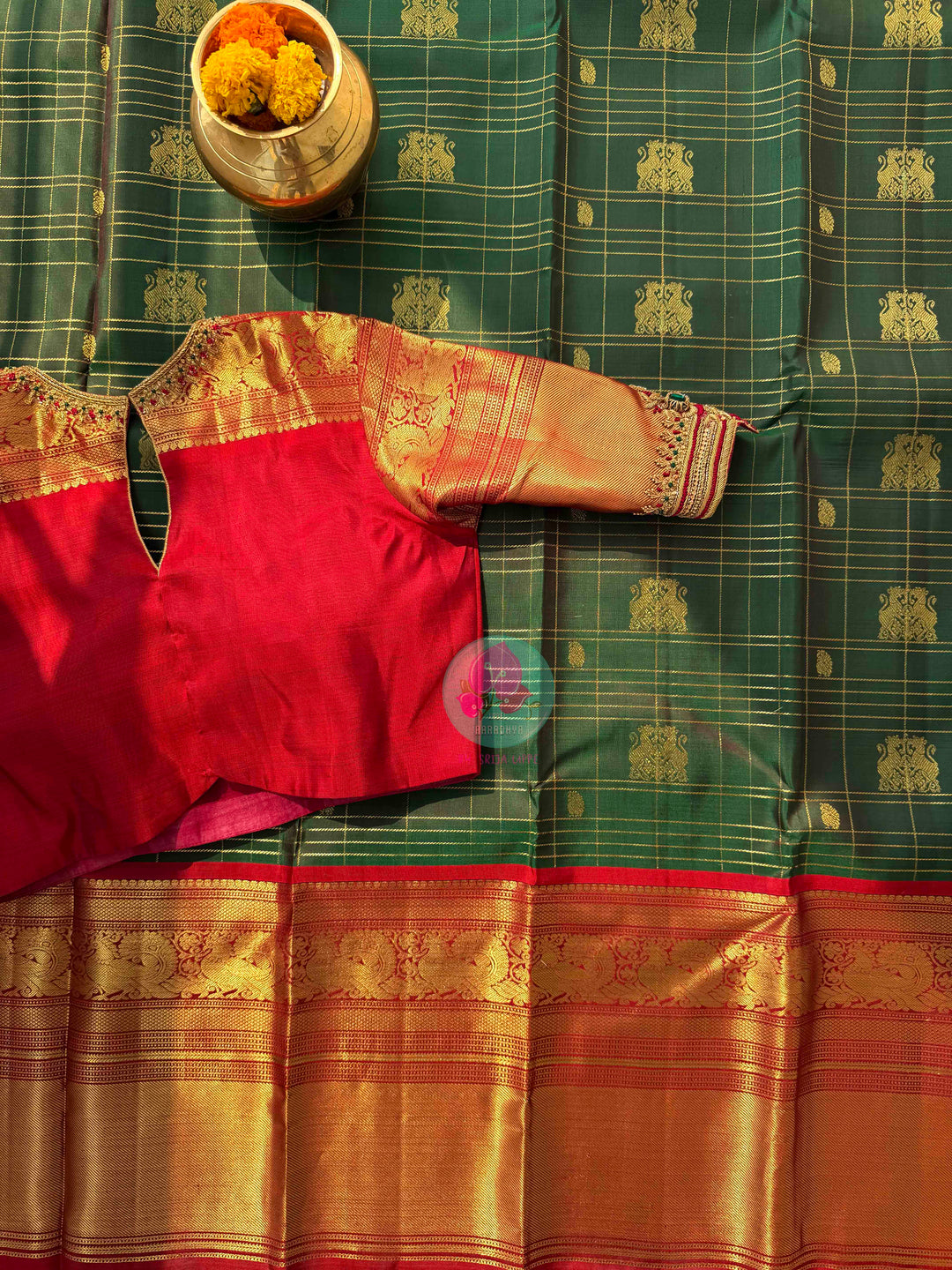 The Sovereign Lion: Emerald Kanchipattu saree with Imperial 2G Zari & Crimson Silk