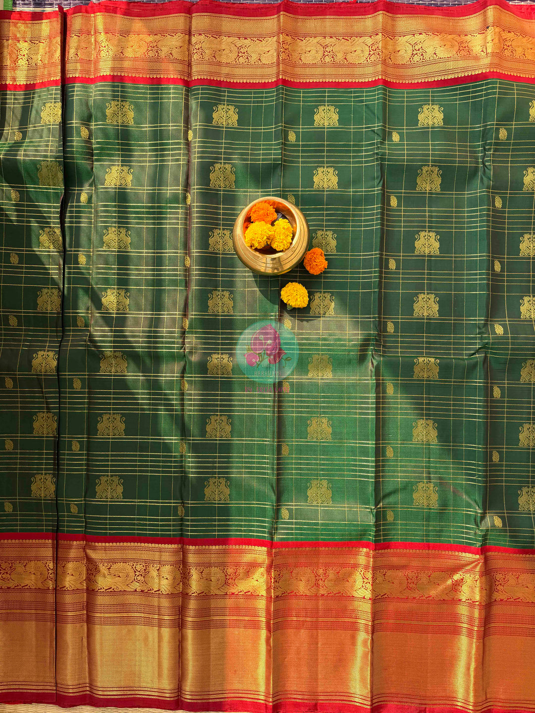 The Sovereign Lion: Emerald Kanchipattu saree with Imperial 2G Zari & Crimson Silk