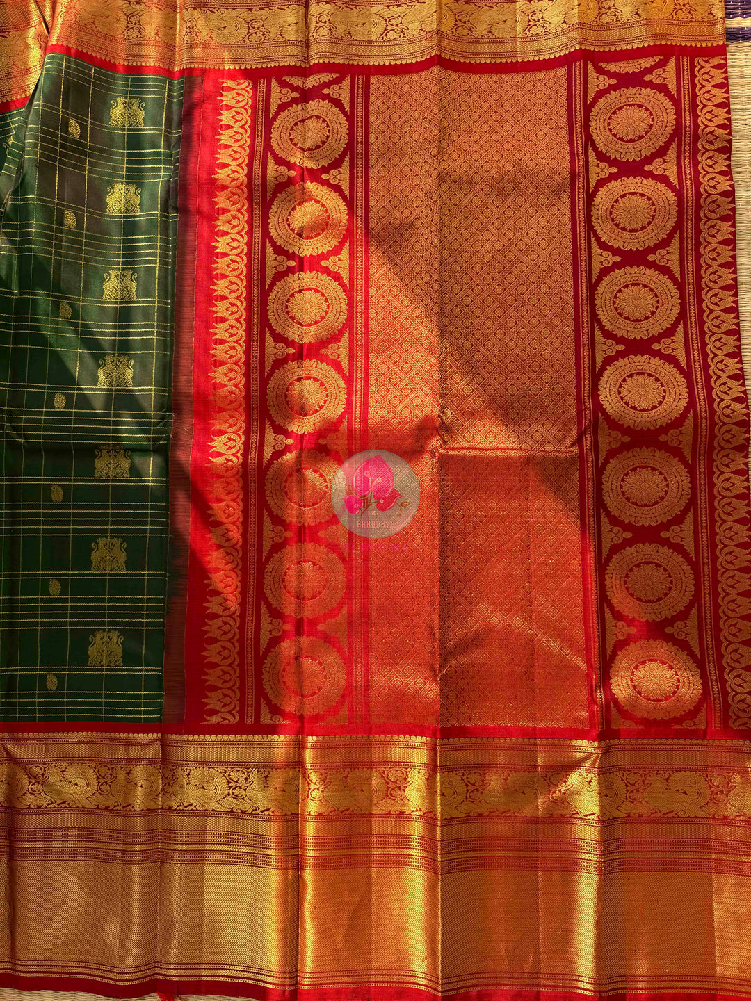 The Sovereign Lion: Emerald Kanchipattu saree with Imperial 2G Zari & Crimson Silk