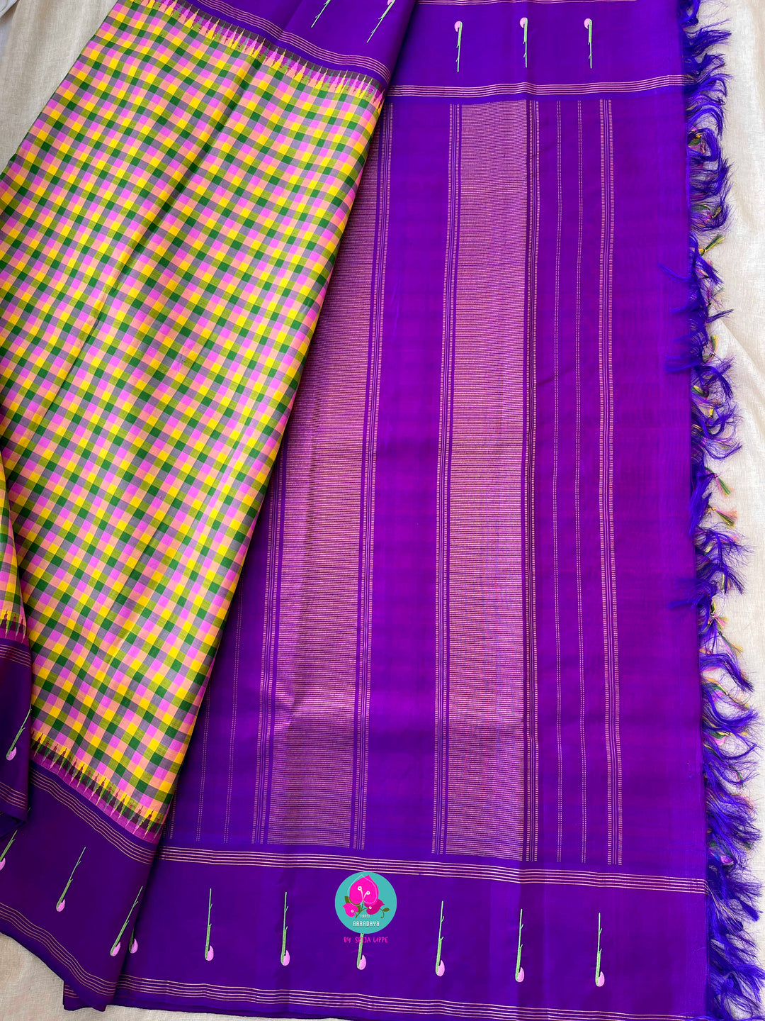 Vintage Checkered Kanchipattu Saree with Paithani Maggam & Hand-Embroidered Bird Blouse