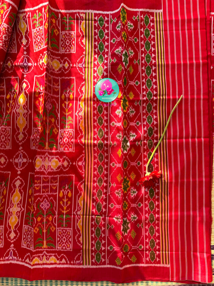 Heirloom Heritage & Regal Valour: 5-Ply Crimson Red Rajkot Patola Silk Saree with Hand-Embroidered Puligoru Emerald Green Raw Silk Blouse
