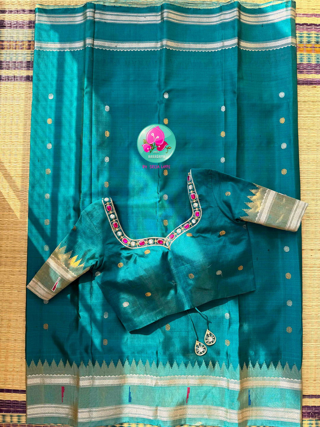 The Jeweled Tide: Teal Blue Pure Tissue Gadwal saree with an Opulent Artisan Blouse