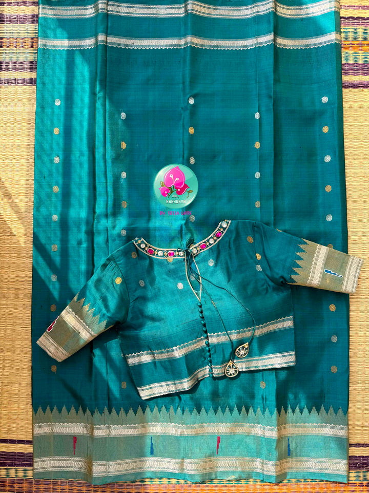 The Jeweled Tide: Teal Blue Pure Tissue Gadwal saree with an Opulent Artisan Blouse