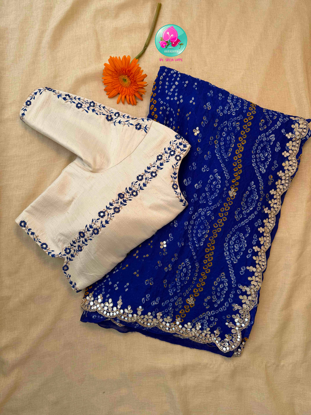 Festive Splendor & Royal Indigo: Pure Georgette Handmade Bandhani Saree with Gota Patti & Hand-Embroidered Off-White Blouse