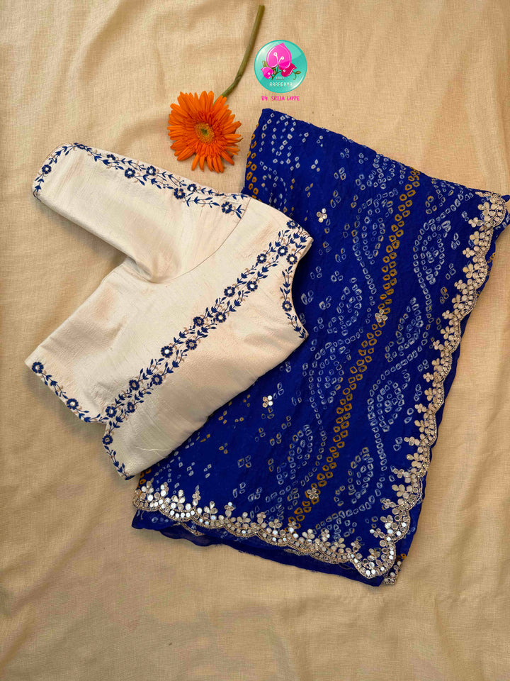 Festive Splendor & Royal Indigo: Pure Georgette Handmade Bandhani Saree with Gota Patti & Hand-Embroidered Off-White Blouse