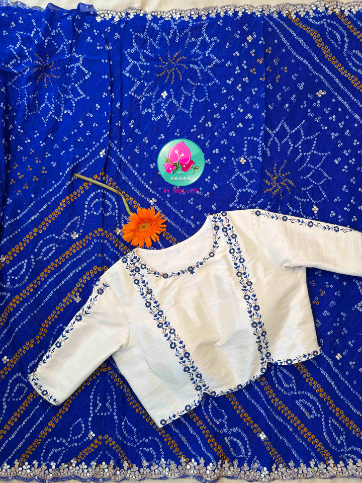 Festive Splendor & Royal Indigo: Pure Georgette Handmade Bandhani Saree with Gota Patti & Hand-Embroidered Off-White Blouse