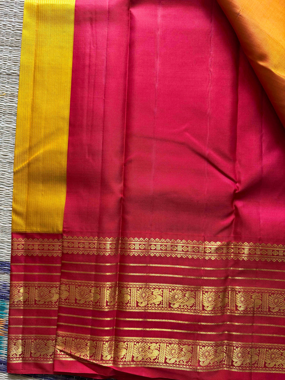 The Sacred Spark: Mustard Vaira Oosi Kanchipattu Saree with Grand Crimson Borders