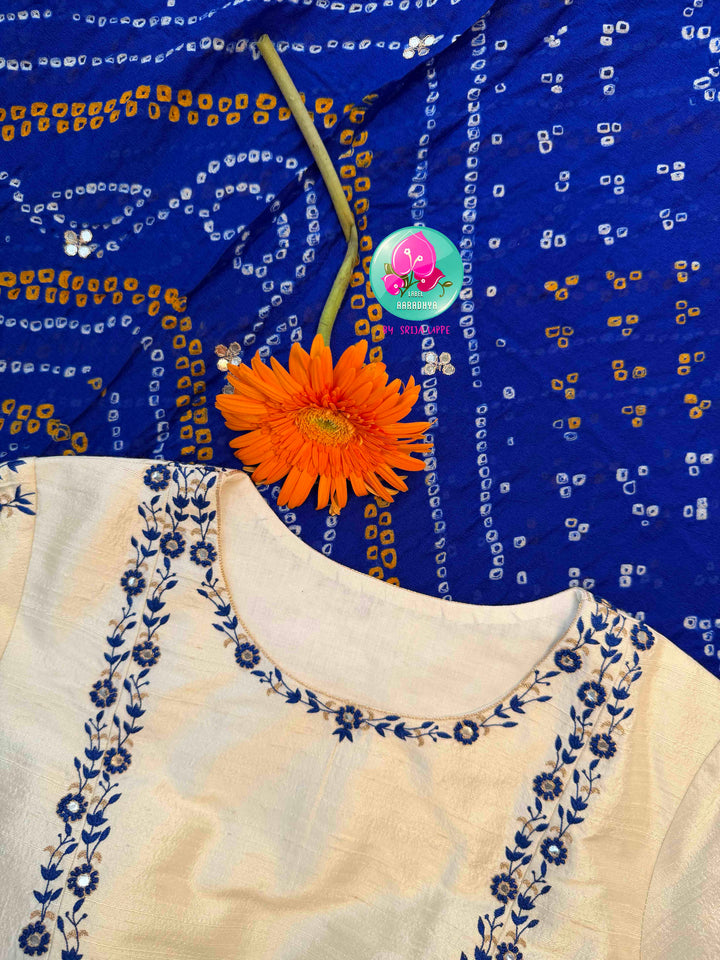 Festive Splendor & Royal Indigo: Pure Georgette Handmade Bandhani Saree with Gota Patti & Hand-Embroidered Off-White Blouse