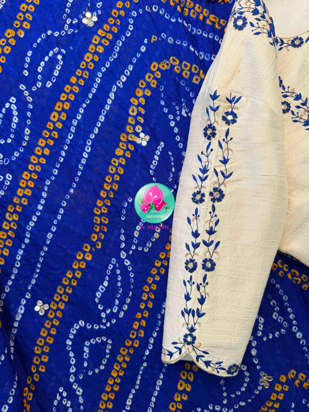 Festive Splendor & Royal Indigo: Pure Georgette Handmade Bandhani Saree with Gota Patti & Hand-Embroidered Off-White Blouse