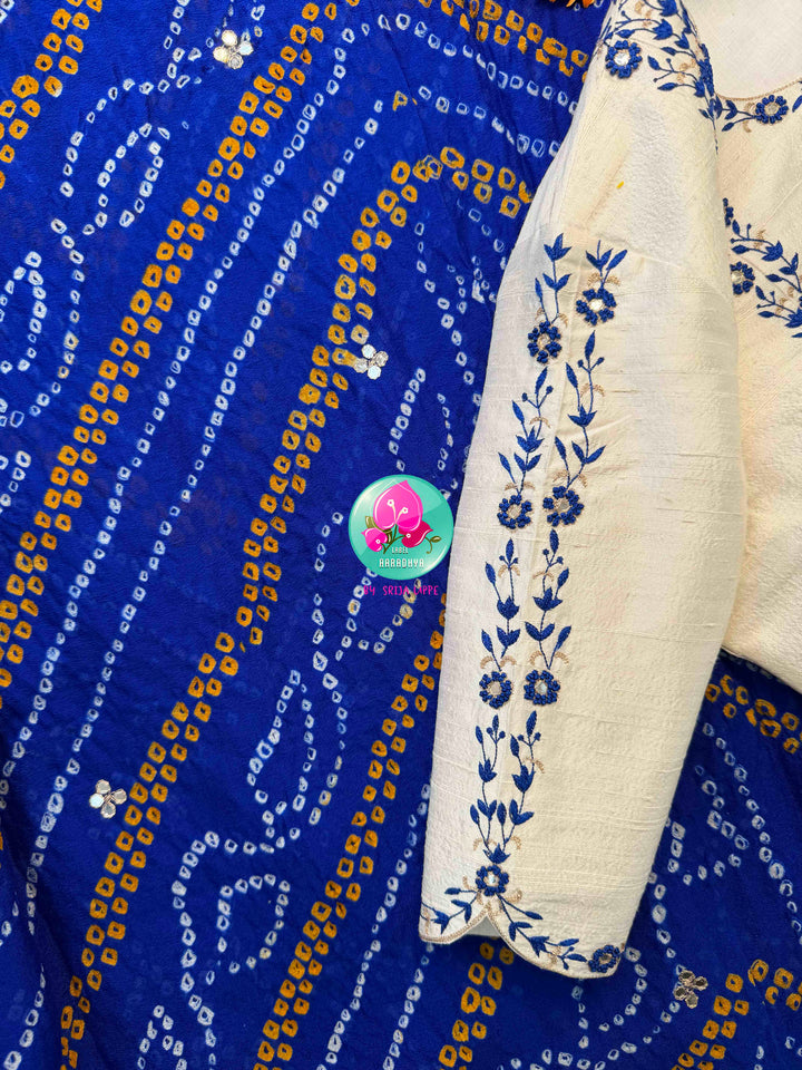 Festive Splendor & Royal Indigo: Pure Georgette Handmade Bandhani Saree with Gota Patti & Hand-Embroidered Off-White Blouse